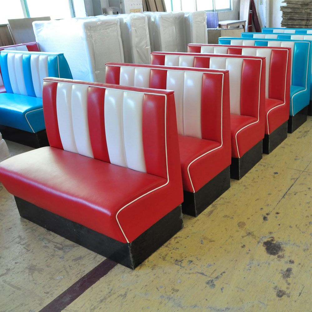 Classic red and white leather stripe back dining room american retro diner booth seating, red leather 1950s american diner booth couch,American 1950s style retro diner booth seating furniture M-8501
