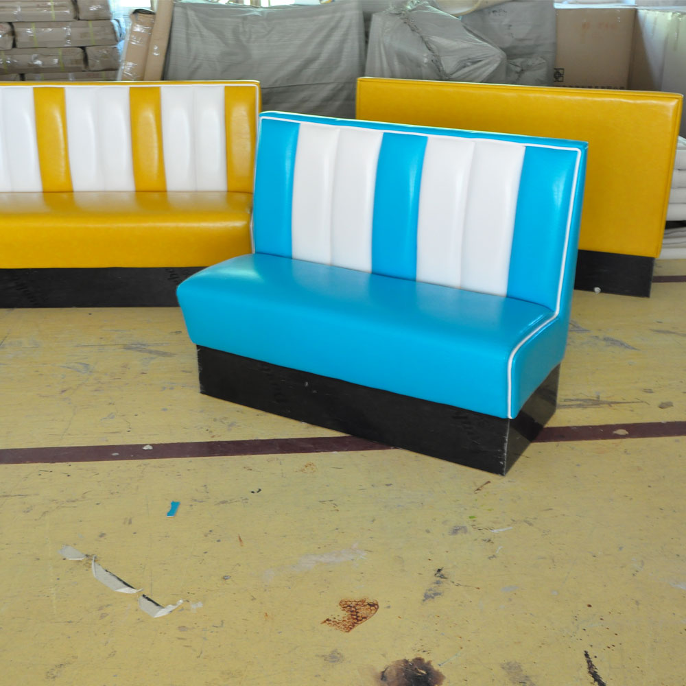 Customize glossy vinyl leather american retro kitchen booth seating, midcentury classic glossy blue 2 seating retro kitchen booth seating,American 1950s style retro diner booth seating furniture M-8508