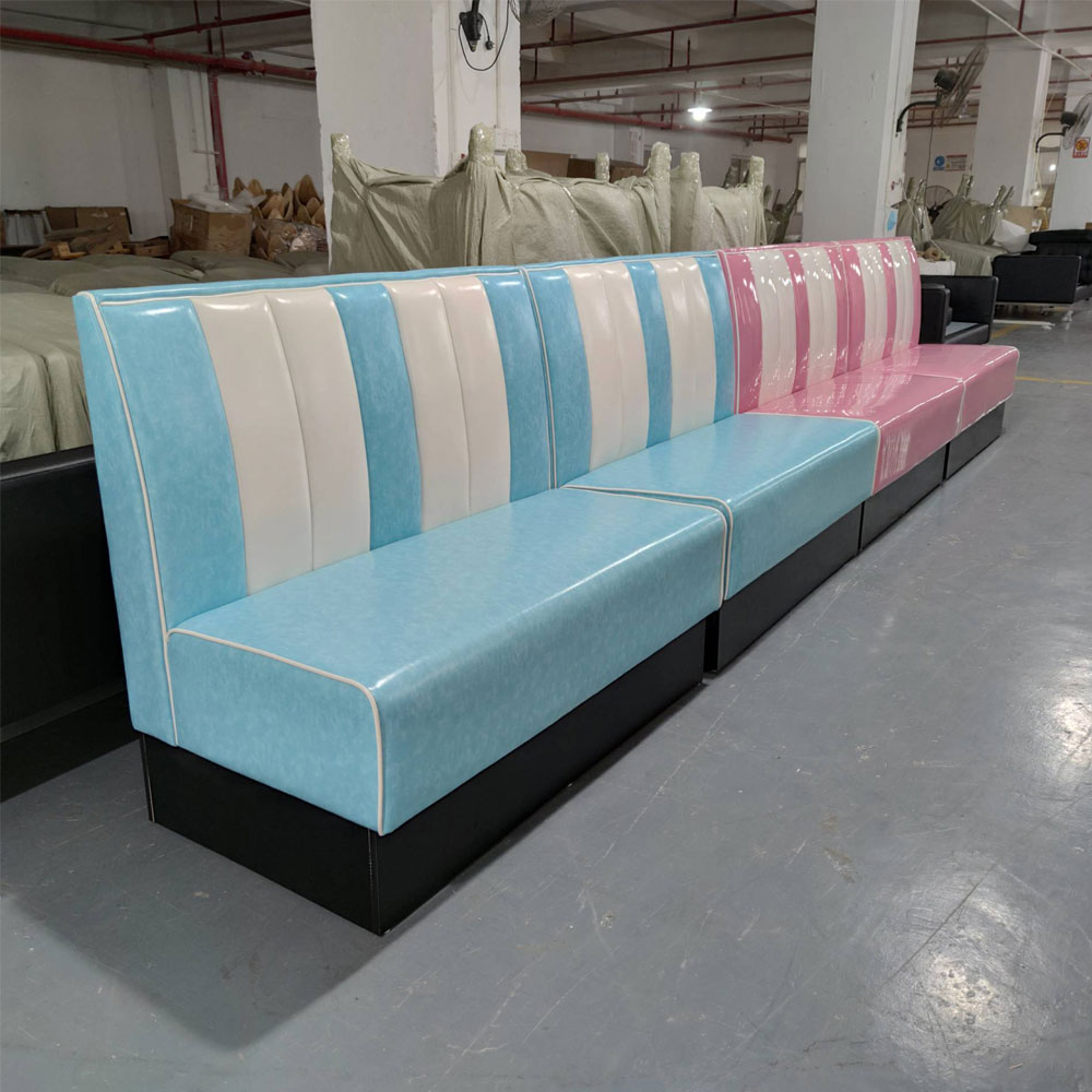High quality turquoise color thick seating restaurant retro diner booth sofas, stripe back midcentury american restaurant retro booth sofas,American 1950s style retro diner booth seating furniture M-8502