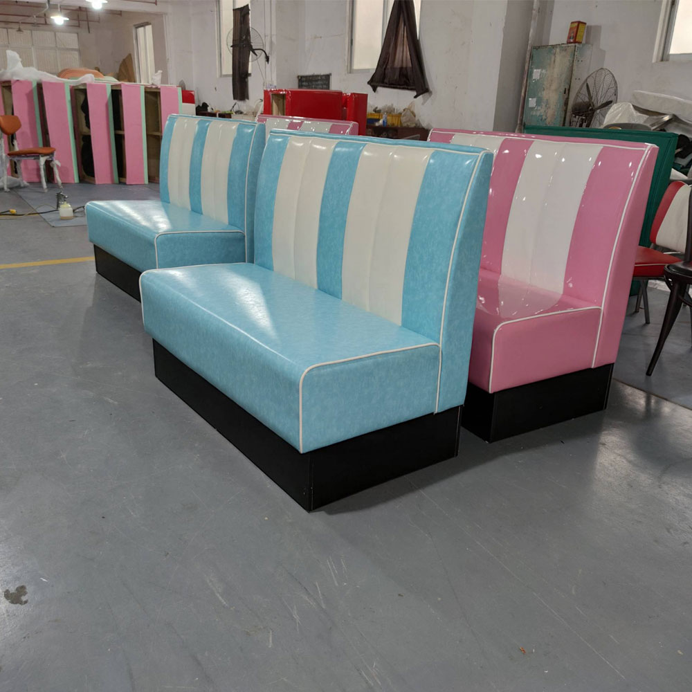 High quality turquoise color thick seating restaurant retro diner booth sofas, stripe back midcentury american restaurant retro booth sofas,American 1950s style retro diner booth seating furniture M-8502