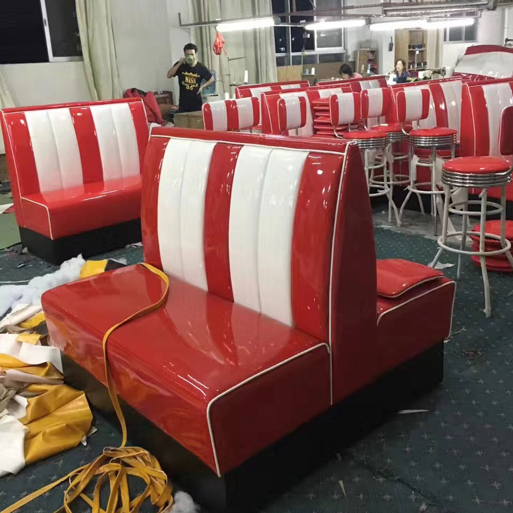 Classic v back rubby colour american style retro diner booth seating, thick seat and backrest V back rubby american diner booth seating, American 1950s style retro diner booth seating furniture M-8540