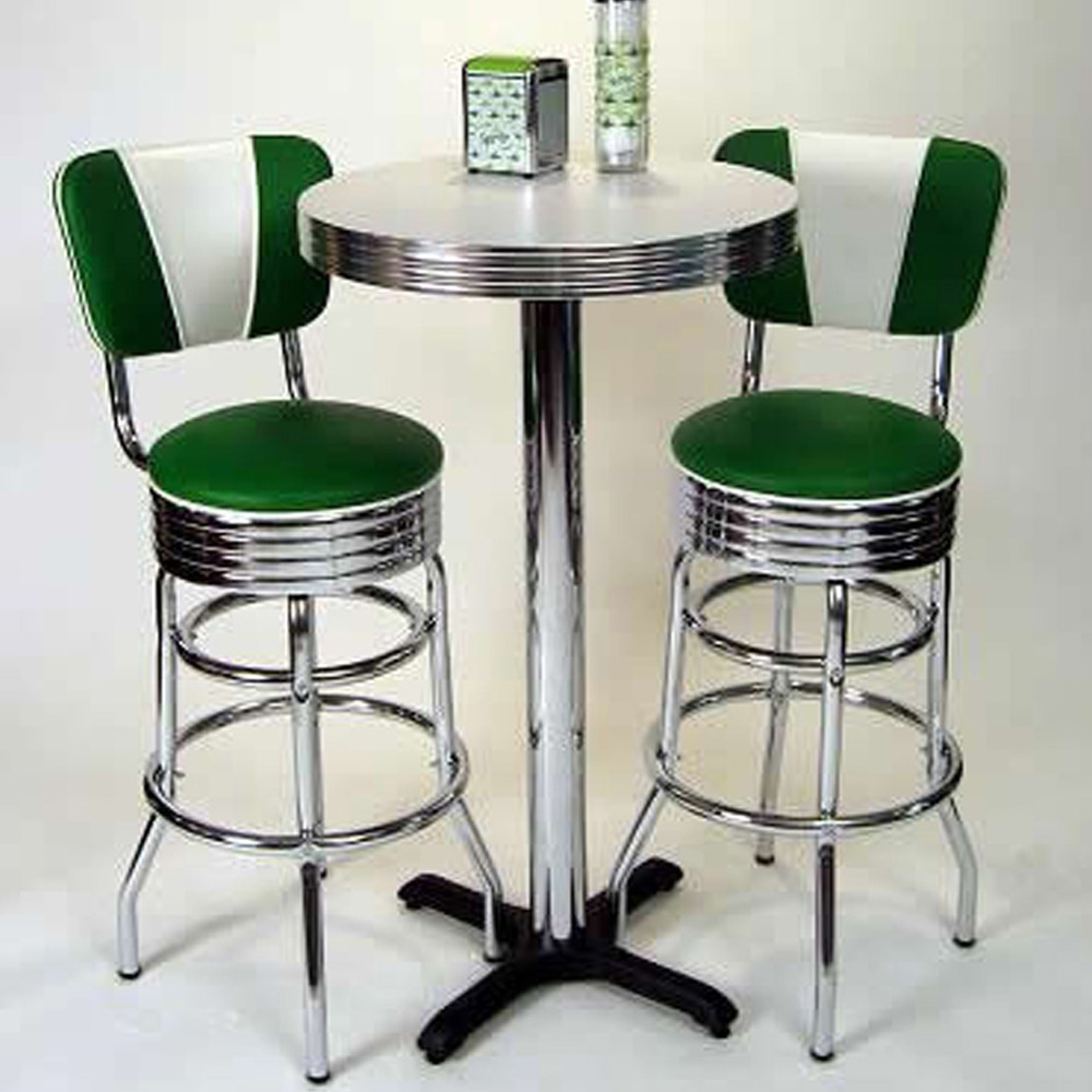 Wholesale round chrome table base with footer black color fireproof retro dining room bar table, commercial black american retro bar table,American 1950s style retro formica diner bar table furniture R-8707