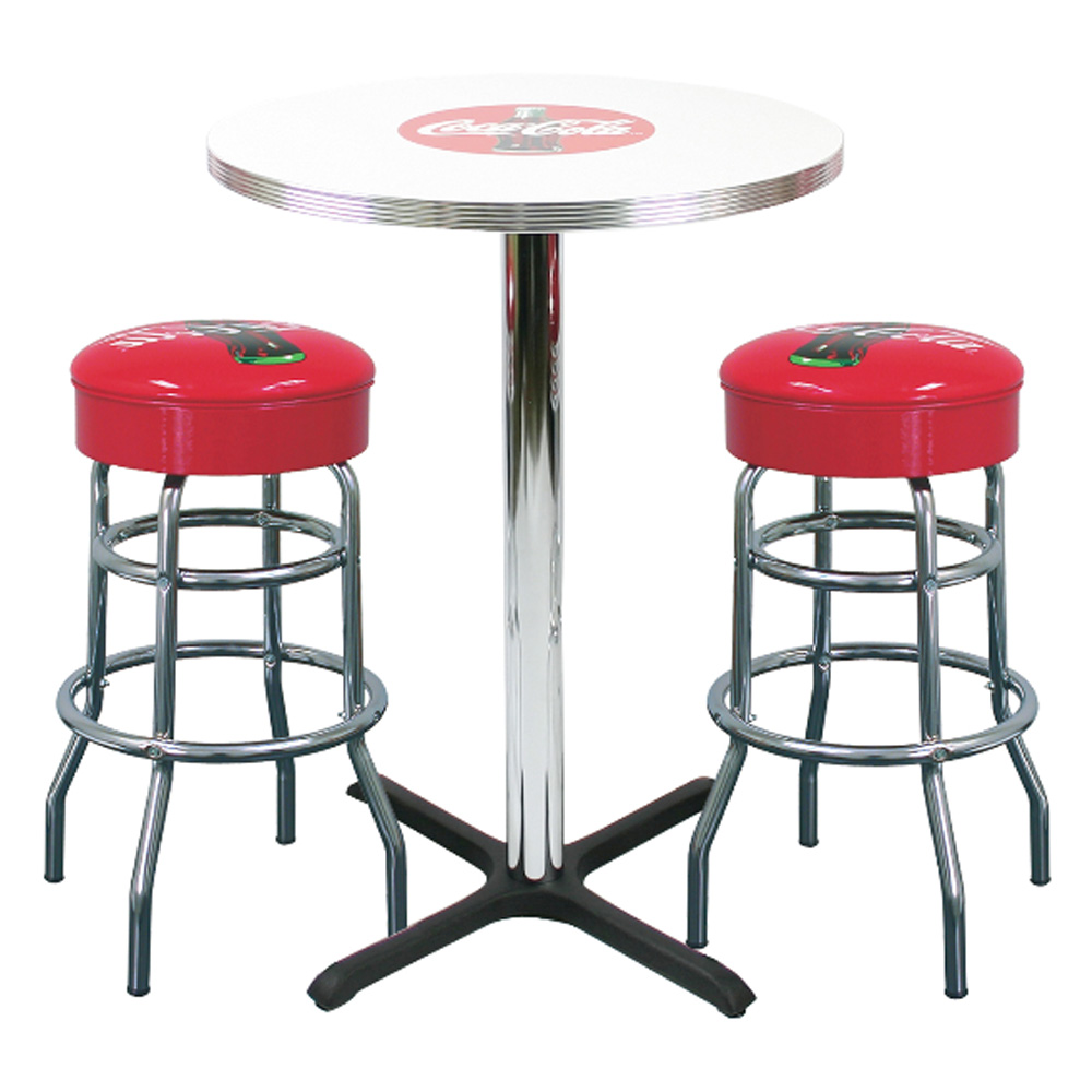 American 1950s style retro bar tables and chairs set R-8604, hotsale red color with cola pattern 1950s american dining room retro bar stools and bar table set, 50s retro diner bar table and chairs set