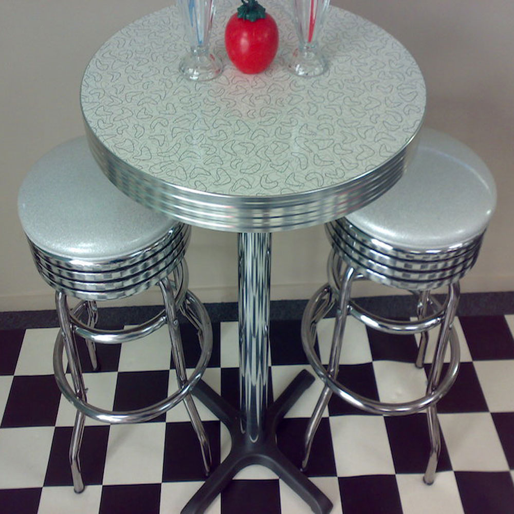 50s retro bar tables and chairs set R-8610,American mid century round white formica retro bar table and bar stools set, stainless steel round white round bar stools and table set furniture