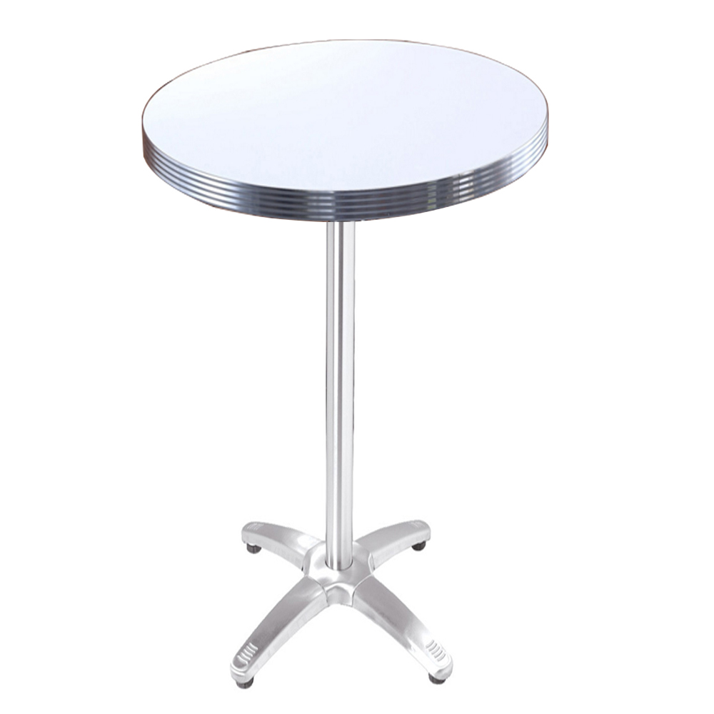 american 1950s retro diner bar table R-8715,Hotsale ice white Formican laminate with aluminium table edge retro bar table, glossy cross steel table legs high american 50s diner bar table