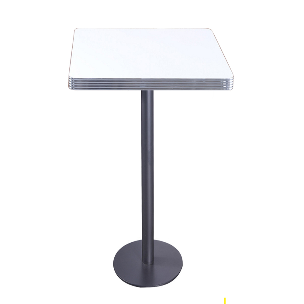 american 1950s retro diner bar table R-8712,Popular round black iron table legs with aluminium edge white color square fireproof veneer table top dining room 1950's retro diner bar table