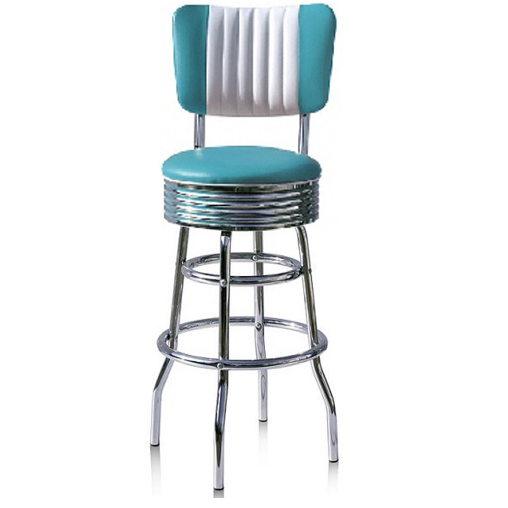 american 1950s retro diner stools R-8802,Classical American 1950s retro diner chrome bar stools, turquoise leather with stripe backrest round retro 1950s diner chrome bar stools