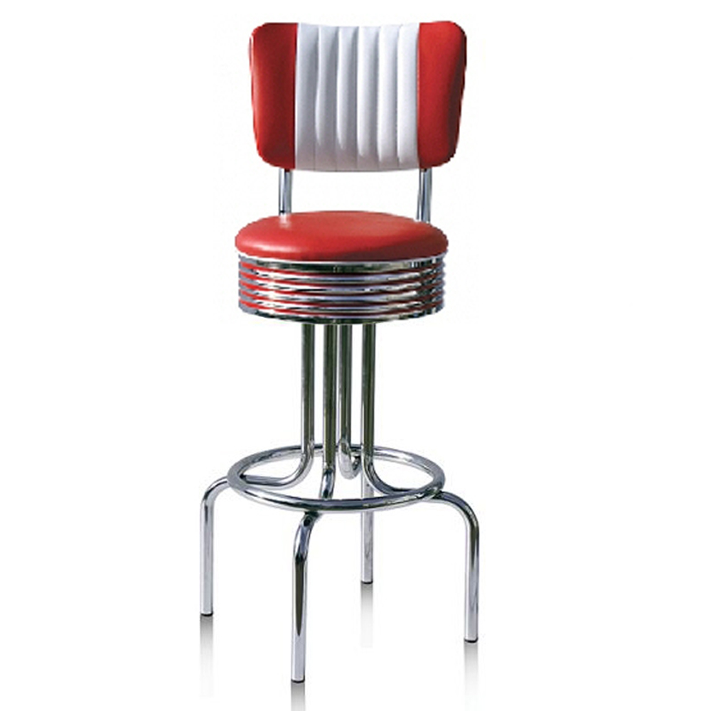 Classical black/red color vinyl #304 steel stripe back round 50s restaurant bar chairs, stainless steel thin seater restaurant american 50s bar stools,American 1950s style retro diner bar stools furniture R-8806