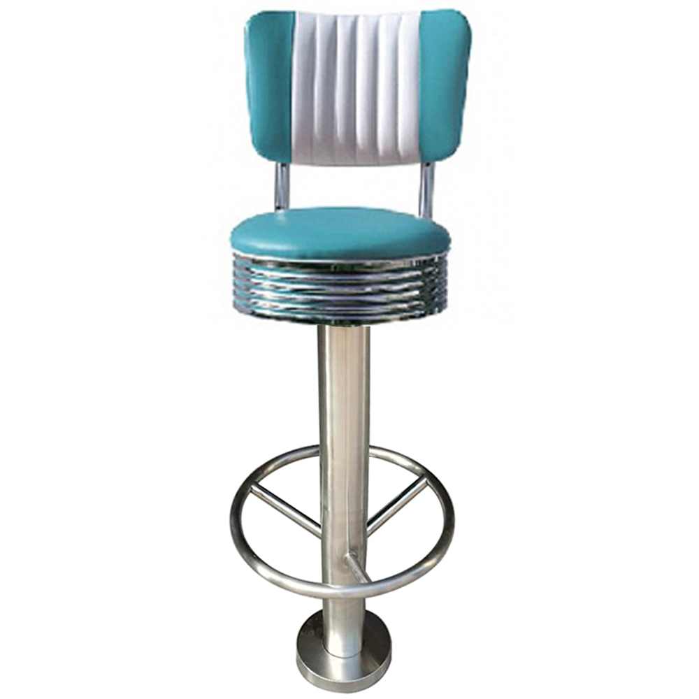 american 1950s retro diner stools R-8809,Colorful turquoise/yellow leather 65/75cm round seater height cafeteria retro barstools, fixed to floor with screws chrome retro cafeteria bar stools