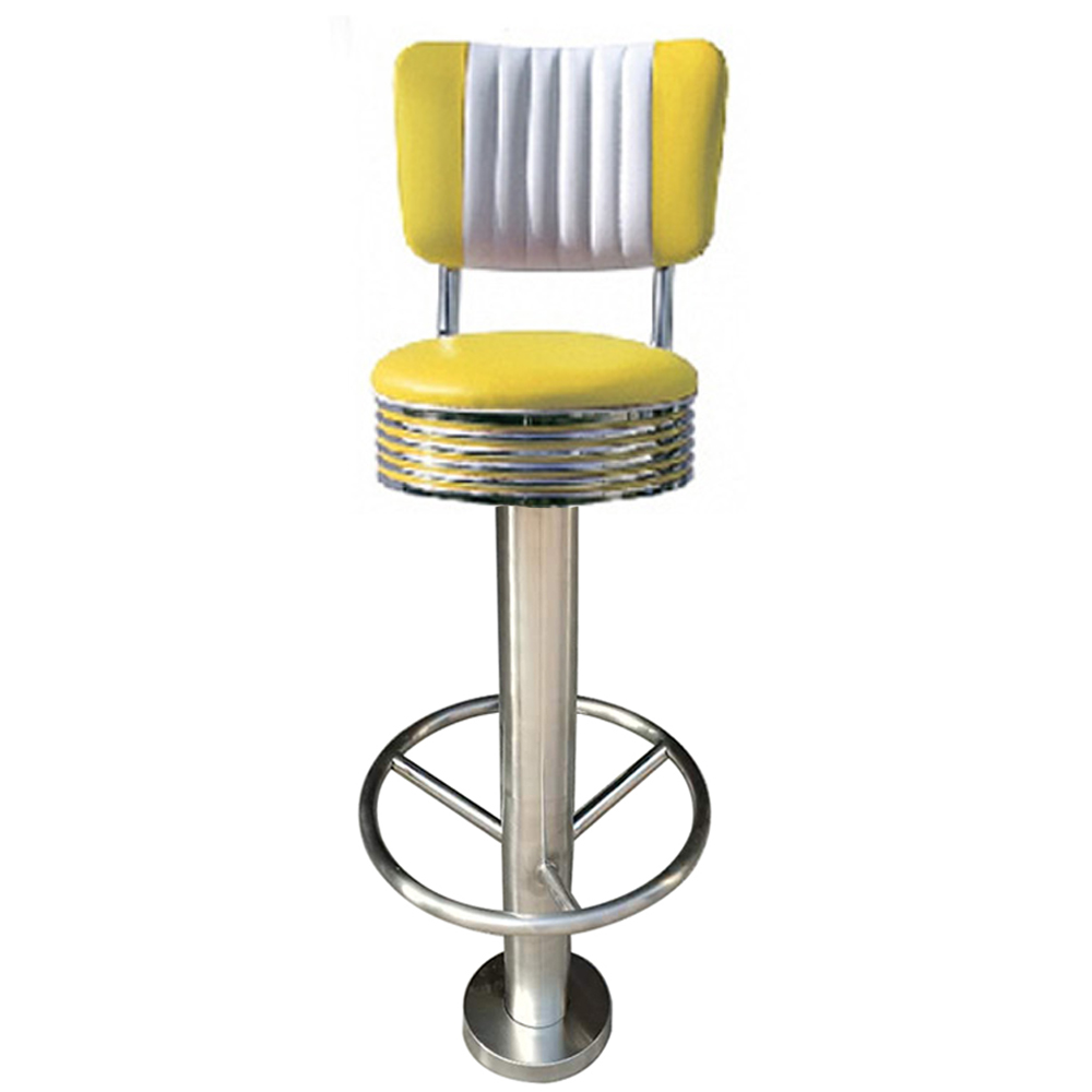 Colorful turquoise/yellow leather 65/75cm round seater height cafeteria retro barstools, fixed to floor with screws chrome retro cafeteria bar stools,American 1950s style retro diner bar chairs furniture R-8809