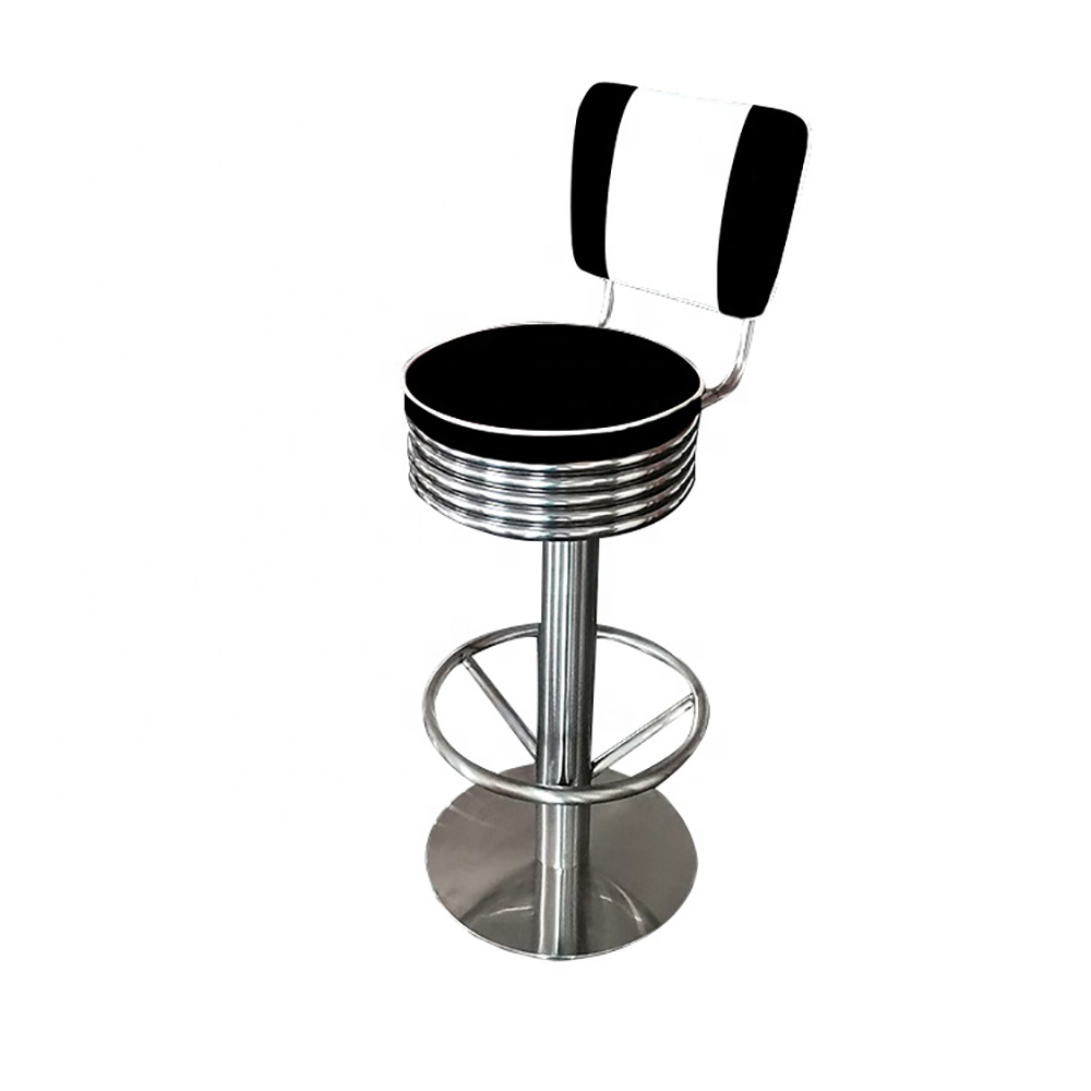 american 1950s retro diner stools R-8839,American style stainless steel round footer 1950s retro diner bar stools, with glossy black leather upholstered retro 50s bar stools