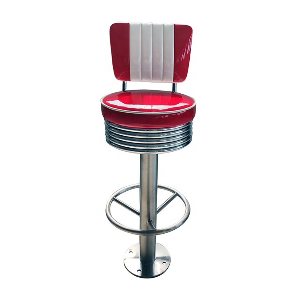 american 1950s retro diner stools R-8841,Fixed to floor glossy red and white stripe back retro round barstools, steel frame with red leather upholstered retro diner bar stools
