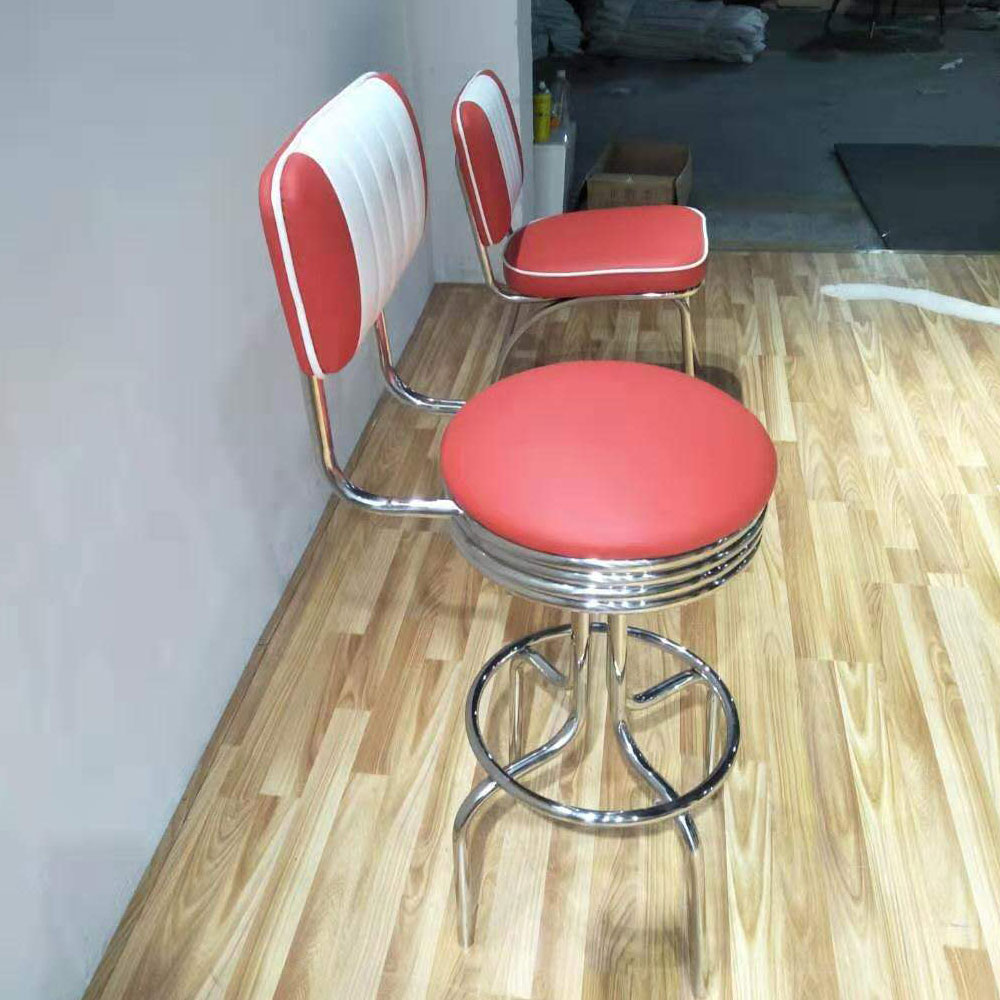 High quality vintage design short back PVC leather retro club #201 steel bar chairs, 65/75cm seater stainless steel commercial retro 50s club bar chair,American 1950s style retro diner bar chairs furniture R-8810