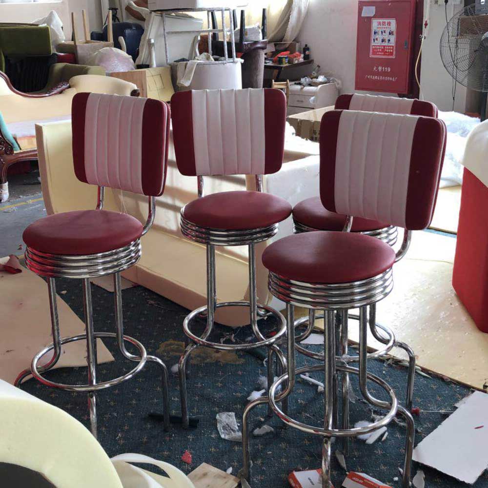 american 1950s retro diner stools R-8811,Fifties glossy stainless steel rubby and white dinette retro diner bar chairs,thin and smooth seater rubby PU leather dinette retro 50s bar chairs