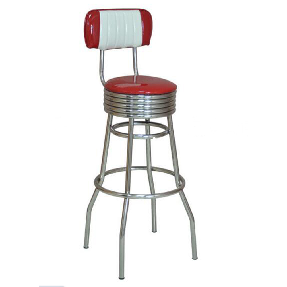 american 1950s retro diner stools R-8813,Customize small stripe back smooth stainless steel chrome retro dining room bar chairs, high groosy red leather retro diner chrome barstools