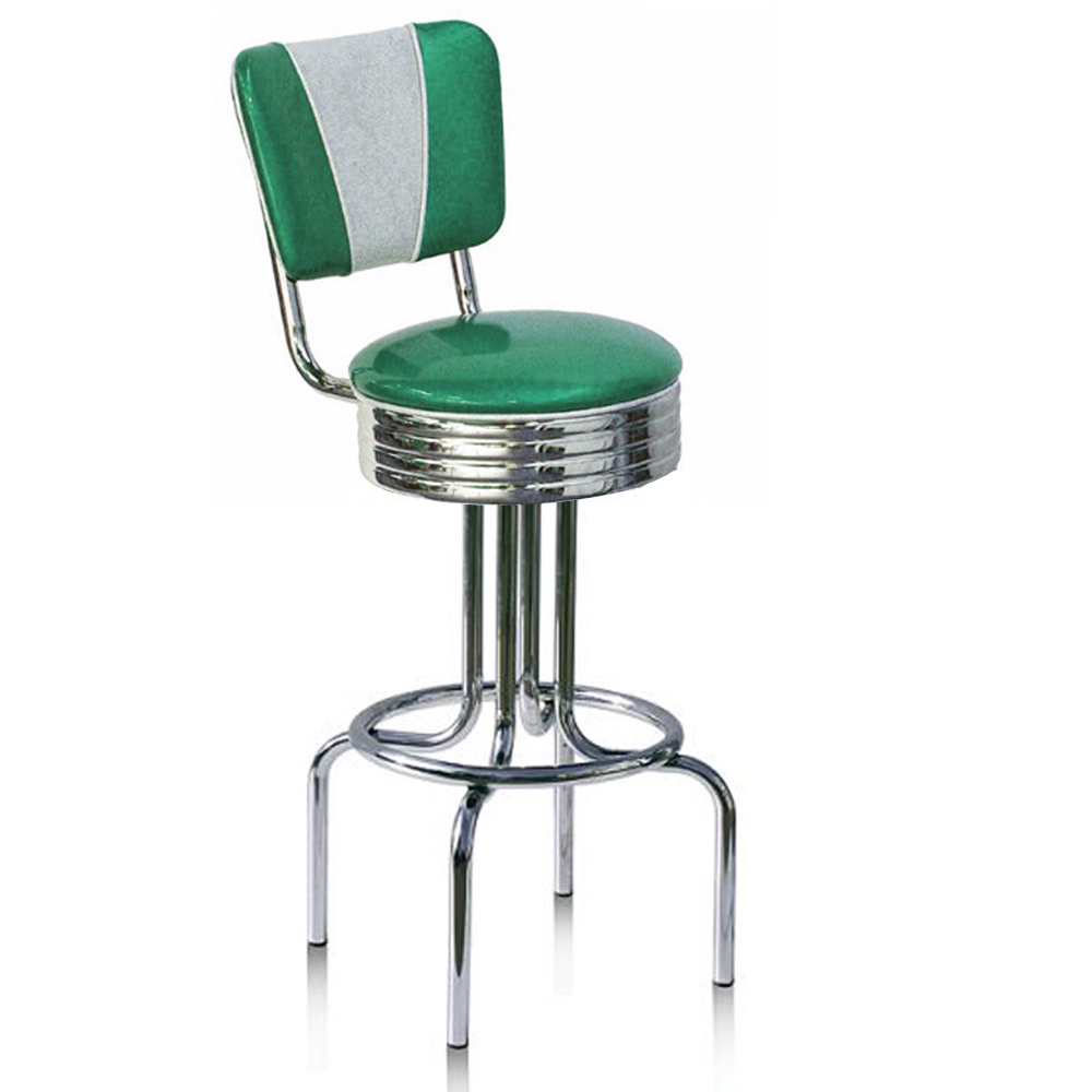Round stainless steel with footer american club fifties retro bar stools, red/turquoise leather steel round american style 50s retro bar stools, American 1950s style retro diner bar stools furniture R-8816