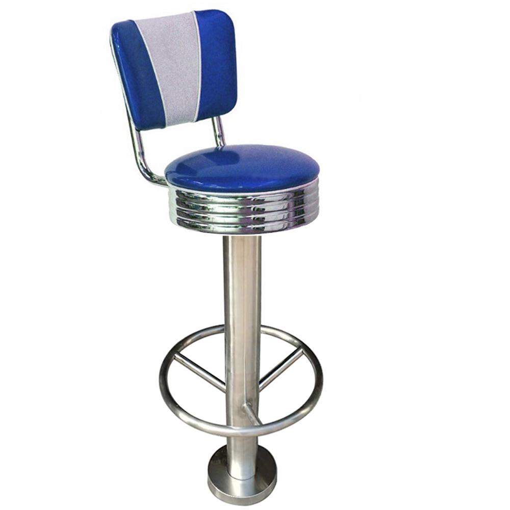 Fixed to floor steel round american style 50s rubby retro club stools, stainless steel round V back fixed to floor retro 50's bar stools furniture, American 1950s style retro diner bar stools furniture R-8819