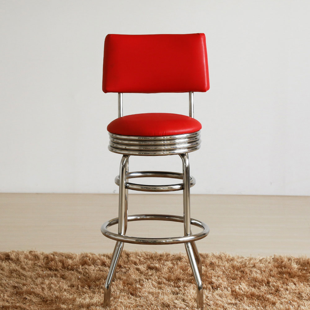 Red leather bent backrest stainless steel round retro 1950's bar stools, round steel red bent backrest american club 1950's retro bar stools, American 1950s style retro diner bar stools furniture R-8821