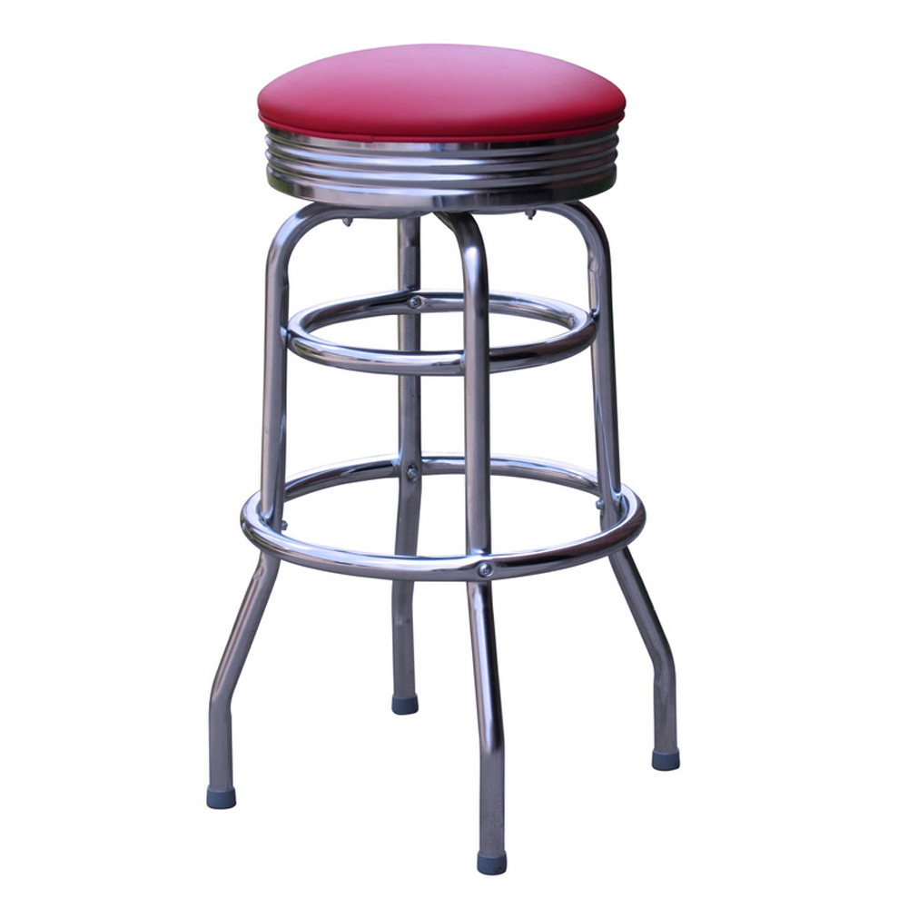, American 1950s style retro diner bar stools furnitureRound seat red leather midcentury retro bar stools with steel frame, round stainless steel frame restaurant retro 1950s bar stools furniture R-8827