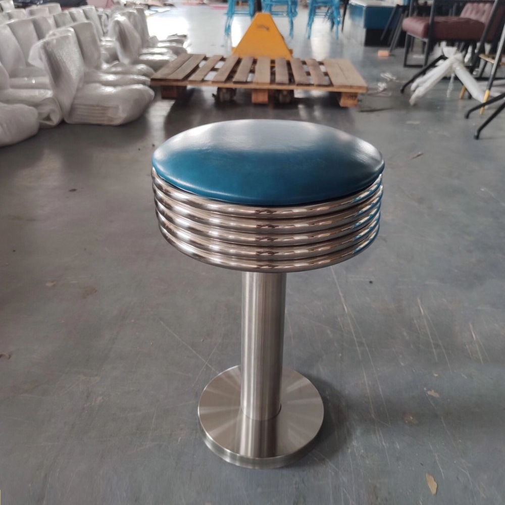 american 1950s retro diner stools R-8843,Fixed to floor short blue upholstered 50s rerto diner barstools, stainless steel frame round american diner round 55cm retro bar stools