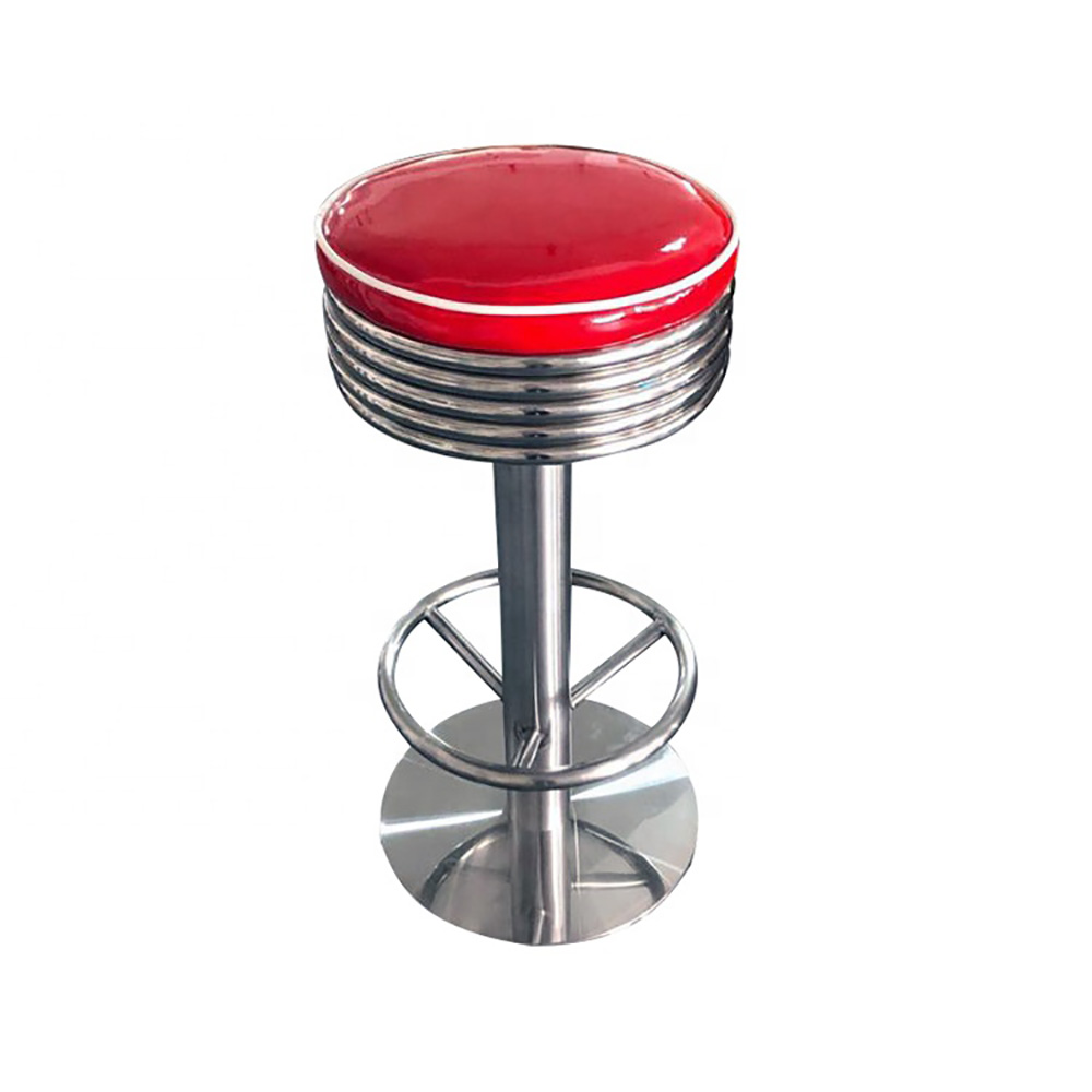 american 1950s retro diner stools R-8845,Backless round retro american style 50s bar stools with red leather upholstered, 75cm height with steel round footer 1950s retro barstools