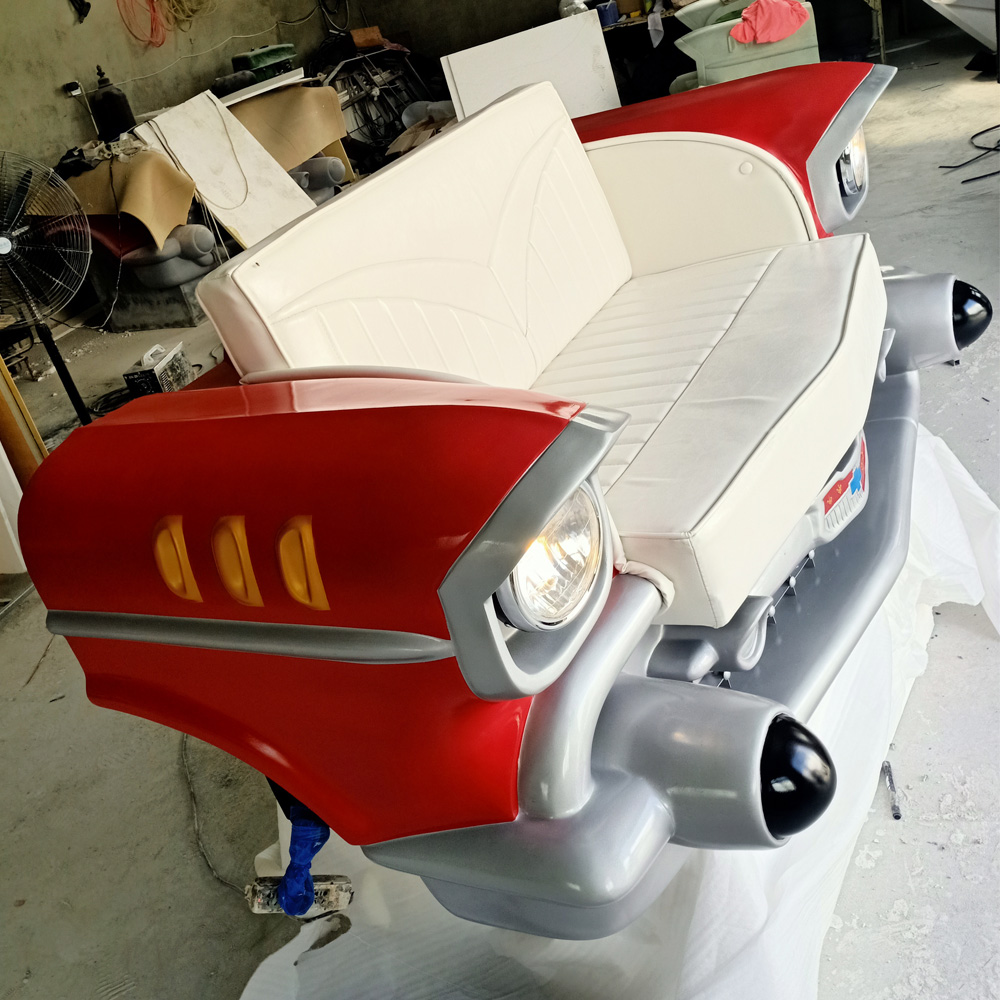 Classic red painting 1957 chevy car seat couch, white leather double seat 57 chevy car back seat couch for american retro diner