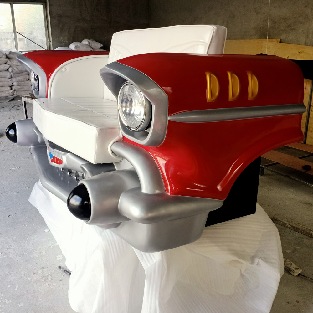 Classic red painting 1957 chevy car seat couch, white leather double seat 57 chevy car back seat couch for american retro diner, American 1950s style classic race car couch sofas furniture R-8970