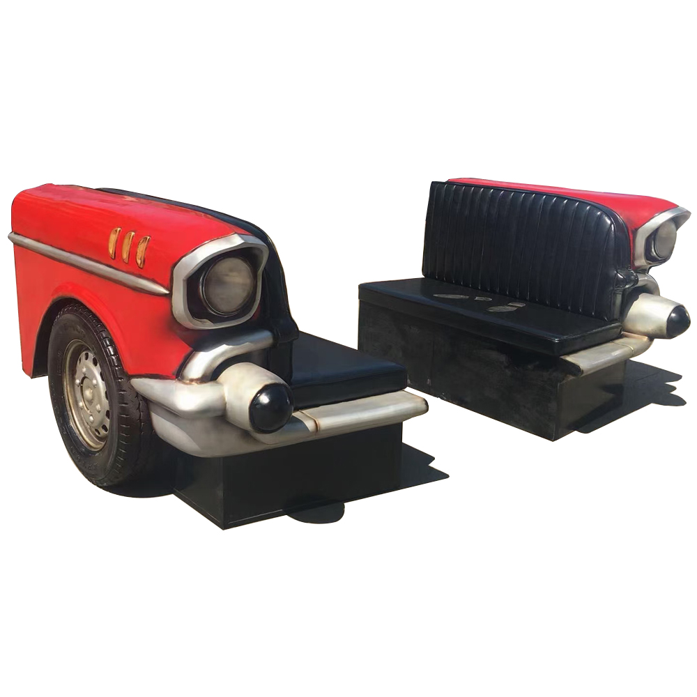 Classic 1957 chevy front side car seat couch with tyre, customize red 57 chevy front side car couch sofas for retro diner, American 1950s style classic race car couch sofas furniture R-8971