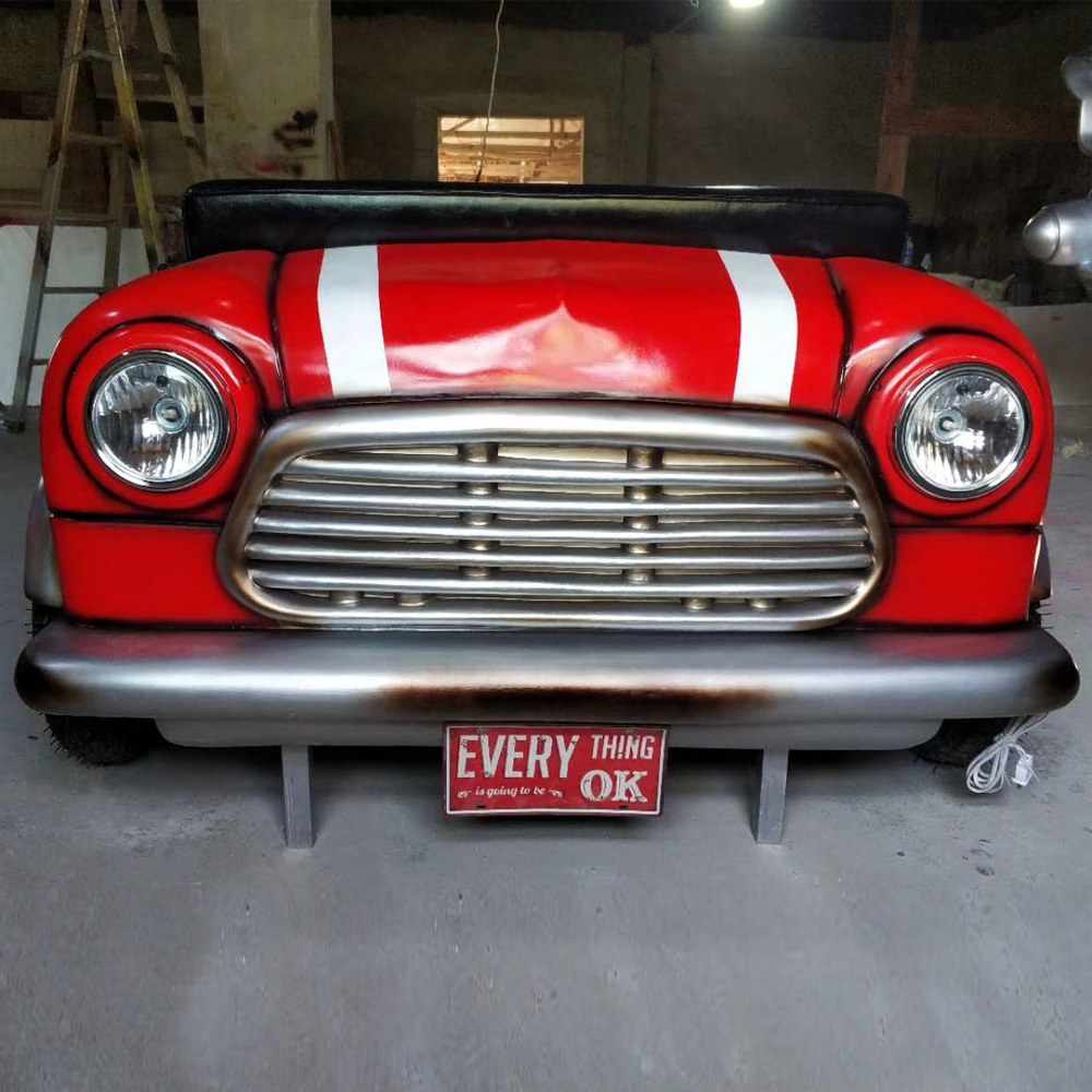Classic red painting front mini BMW car seat couch, retro old mini BMW front race car couch sofas for 1950s diner, American 1950s style classic race car couch sofas furniture R-8972