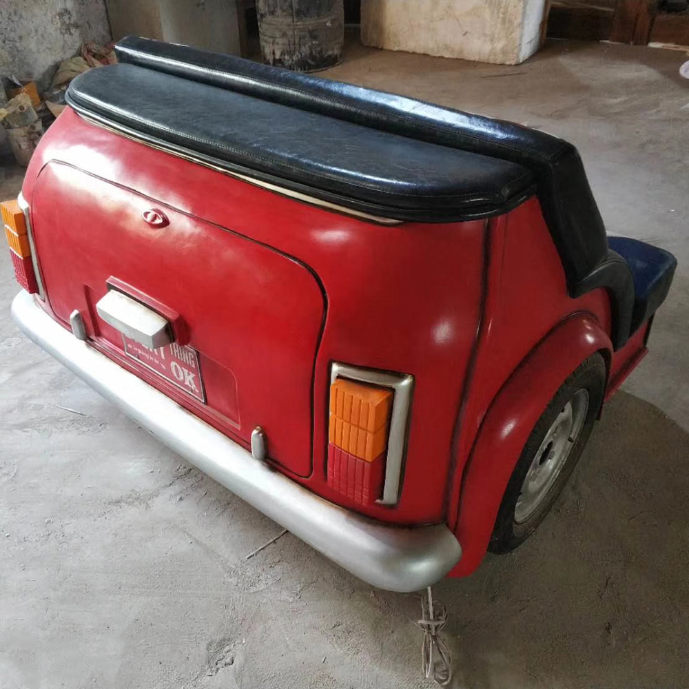 Old red color mini BMW back car kids couch, customize red painting mini bmw car back part double couch sofas for diner, American 1950s style classic race car couch sofas furniture R-8973